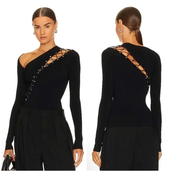 NICHOLAS Cosima Long Sleeve Ribbed Lace Up Top in Black Size S - Picture 1 of 11